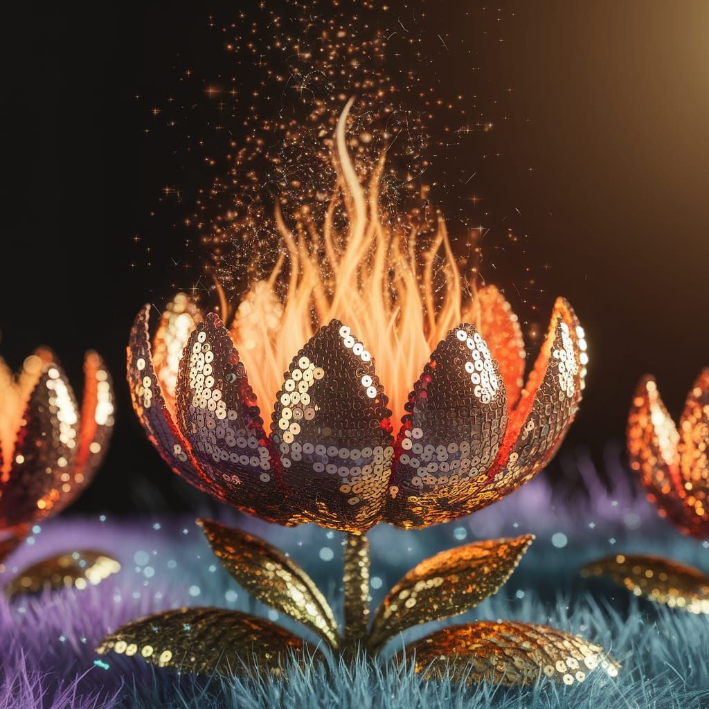 Golden Fire Flower Blooms in Whimsical Fantasy Scene
