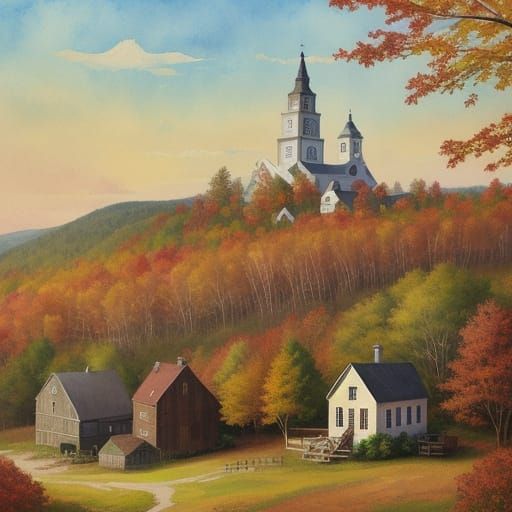 New England Town in Whimsical Watercolor Style