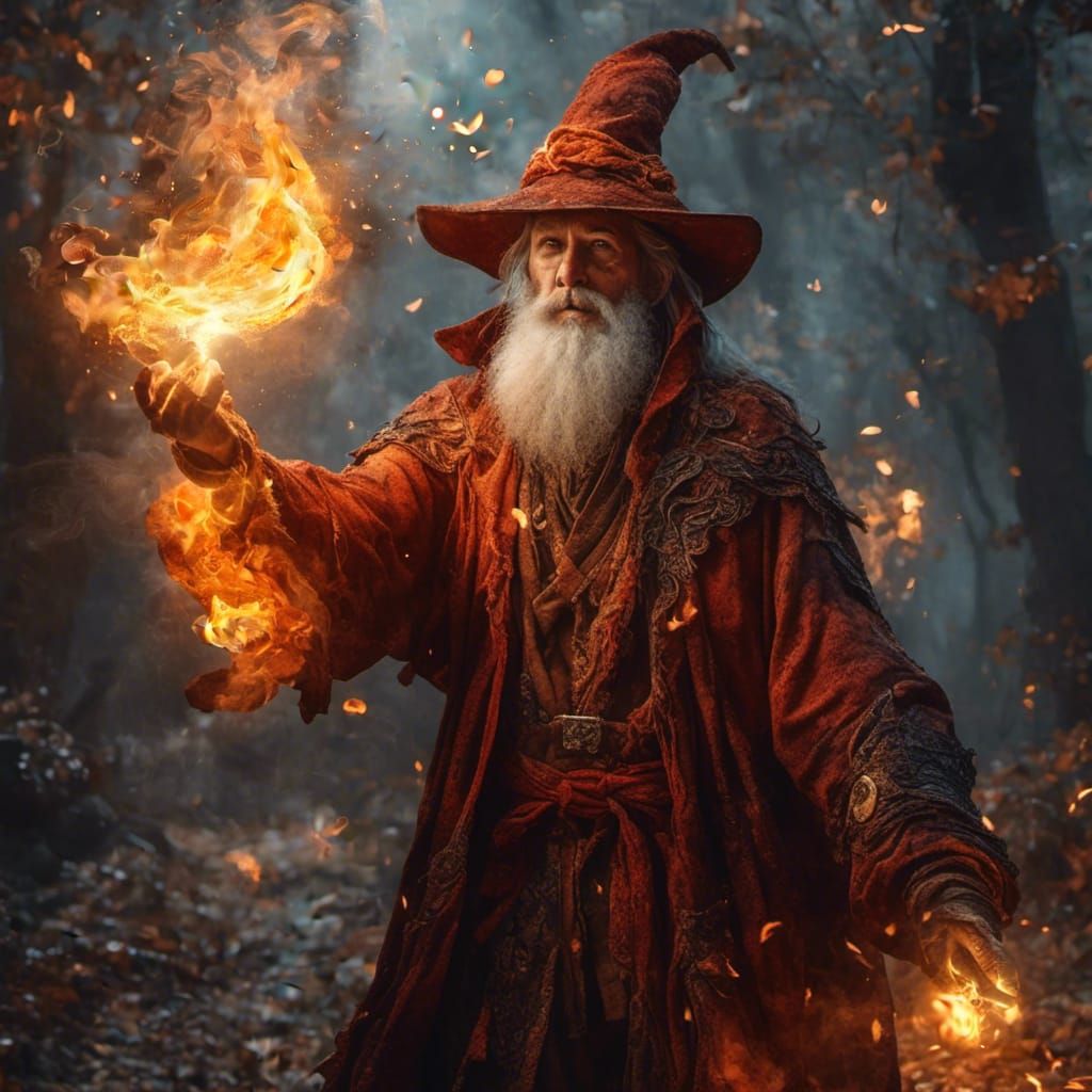 Hyperreal Wizard Casting a Fire Spell