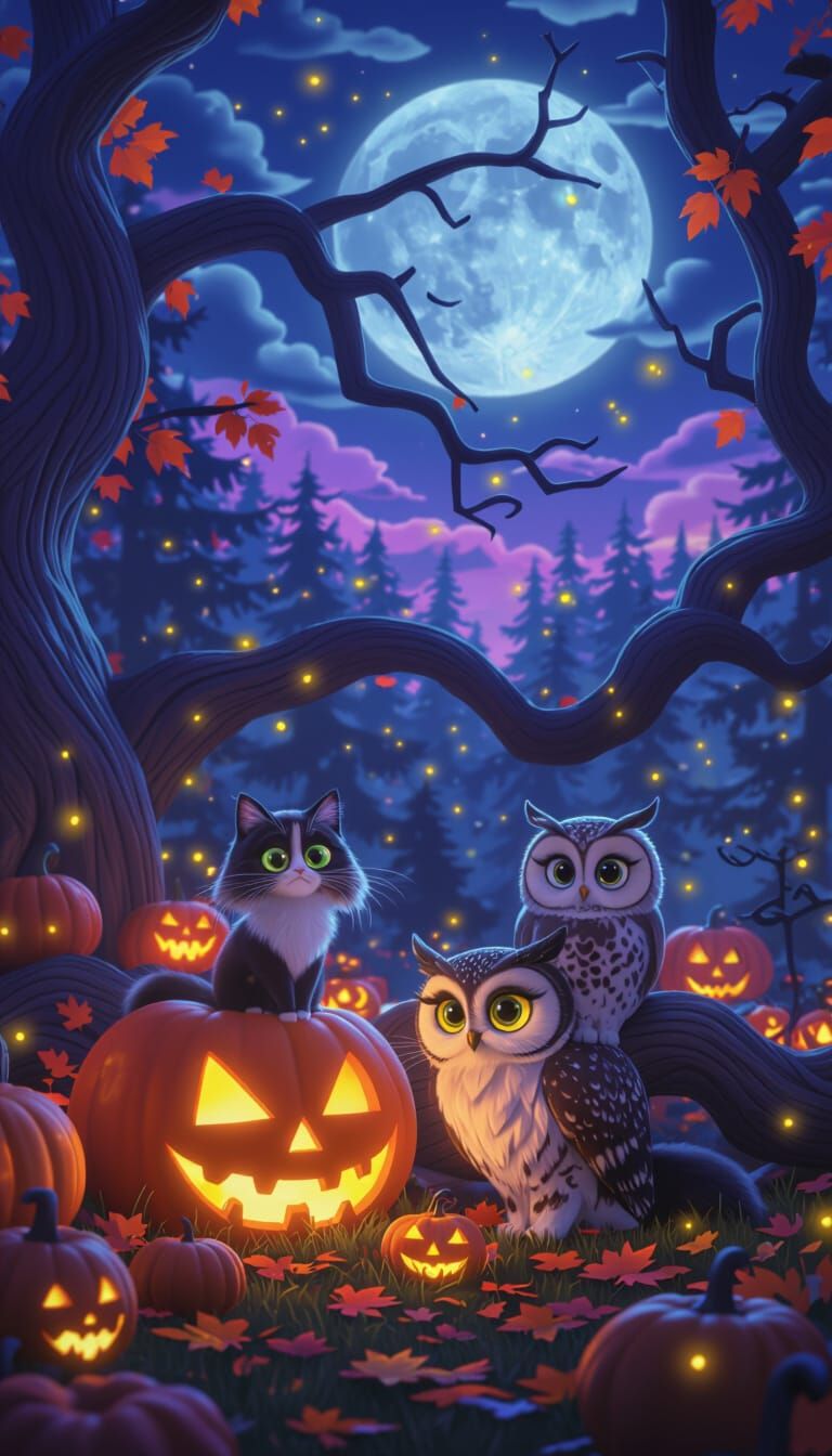 Pixar Halloween Scene: Cat and Owl on Tree Branch