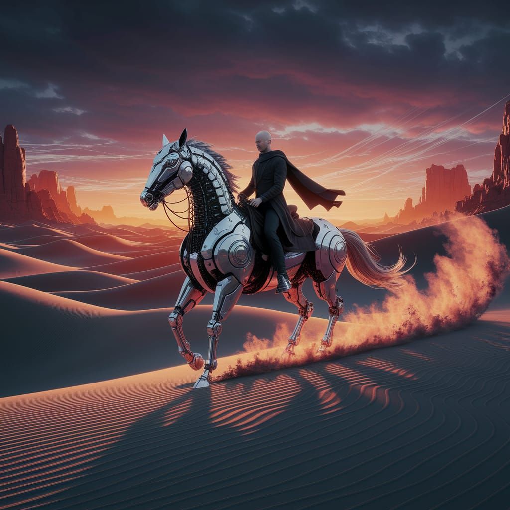 Cybernetic Horse Rider in Alien Desert Sunset