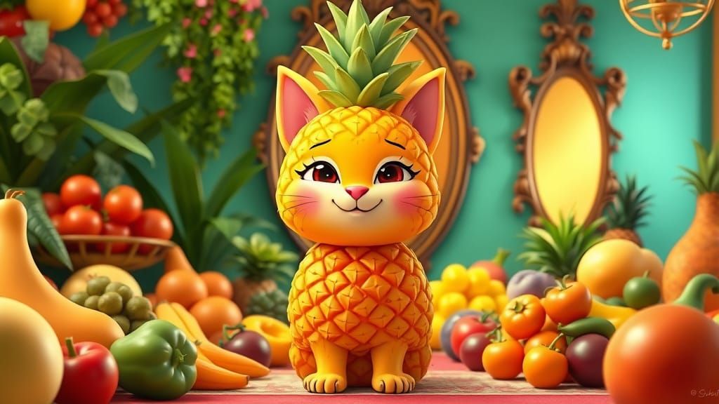 Whimsical Pineapple Cat in a Fruitful Wonderland