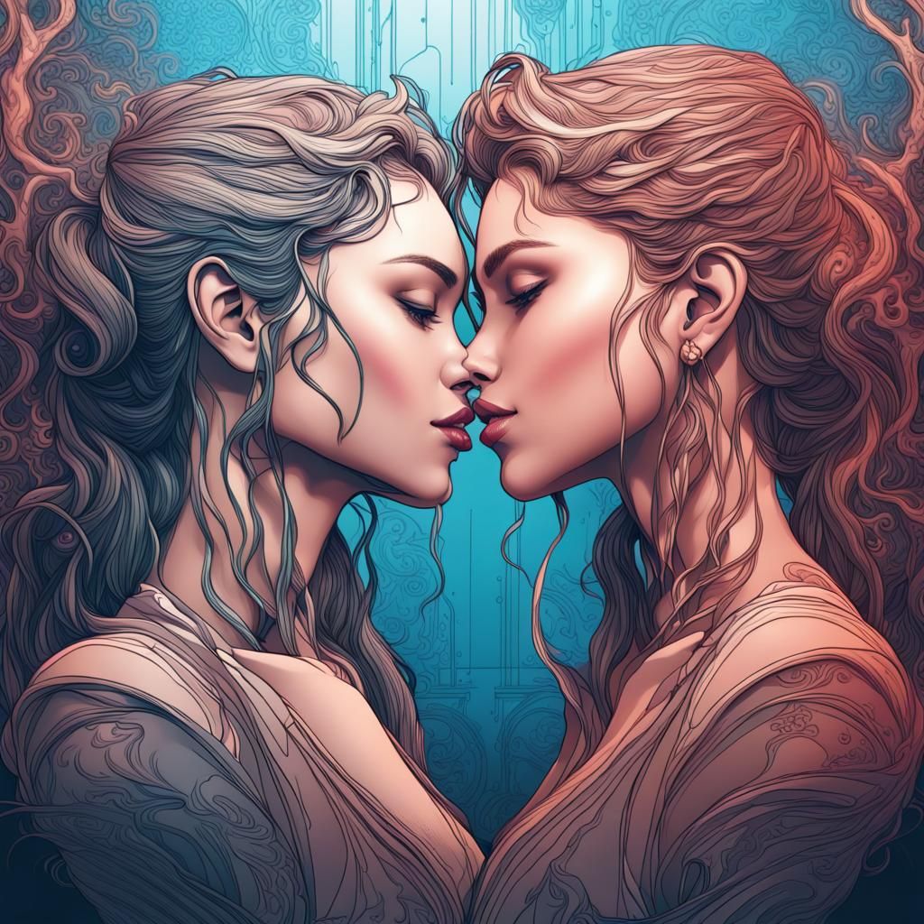 Elegant Line Art: Kissing Women in Vector Style