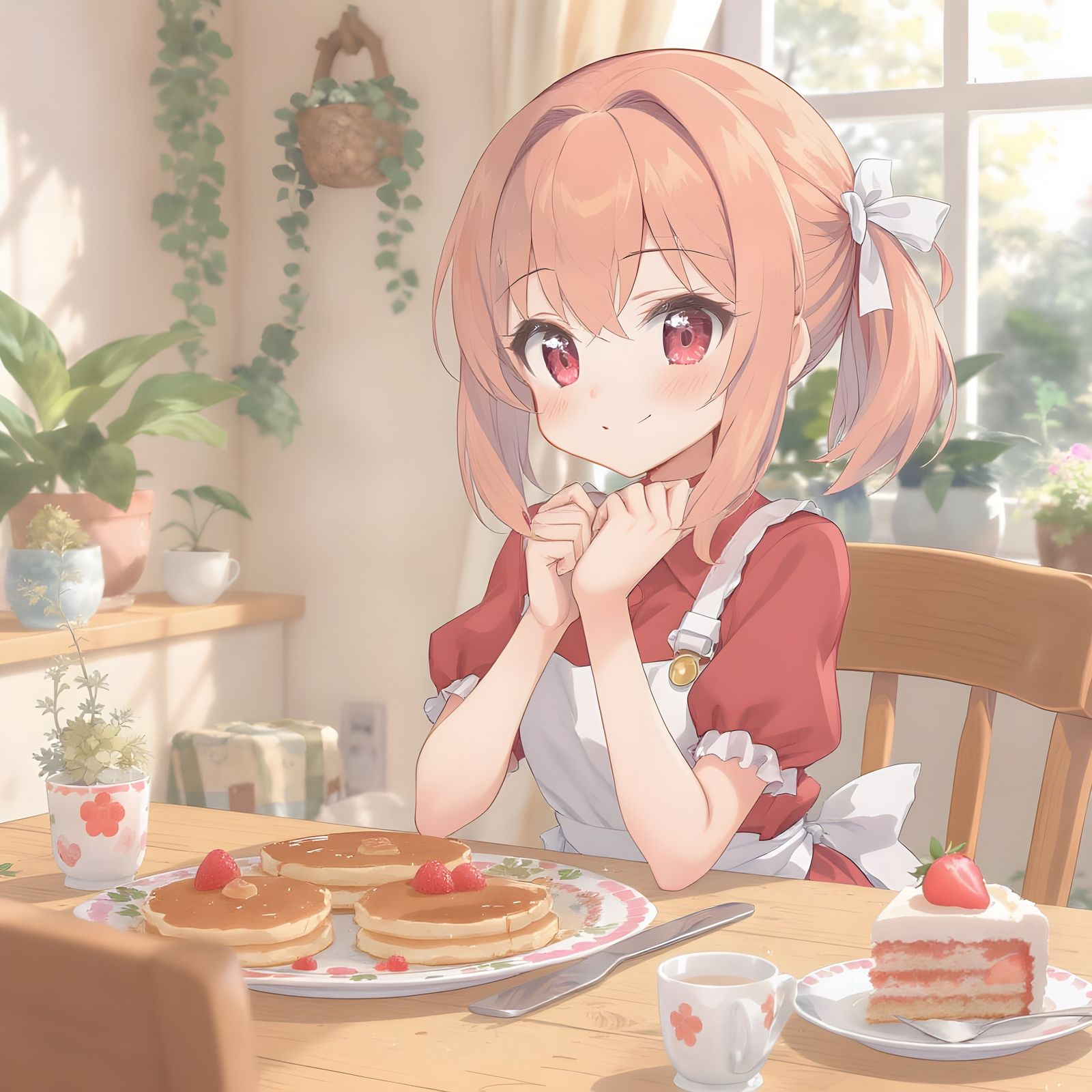 Anime Girl with Pancakes and Berries Dessert