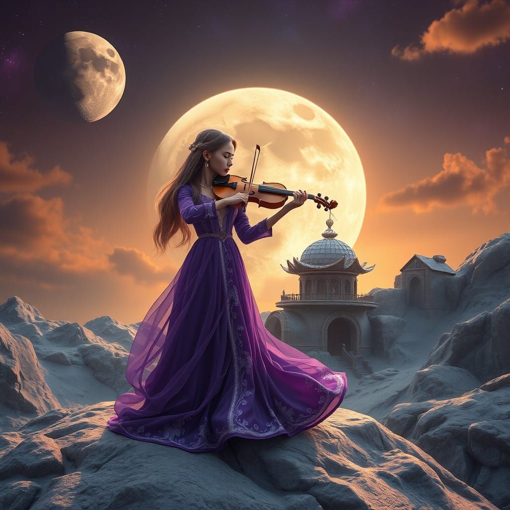 Elegant Lunar Lady Enchants the Moon with Melodic Violin