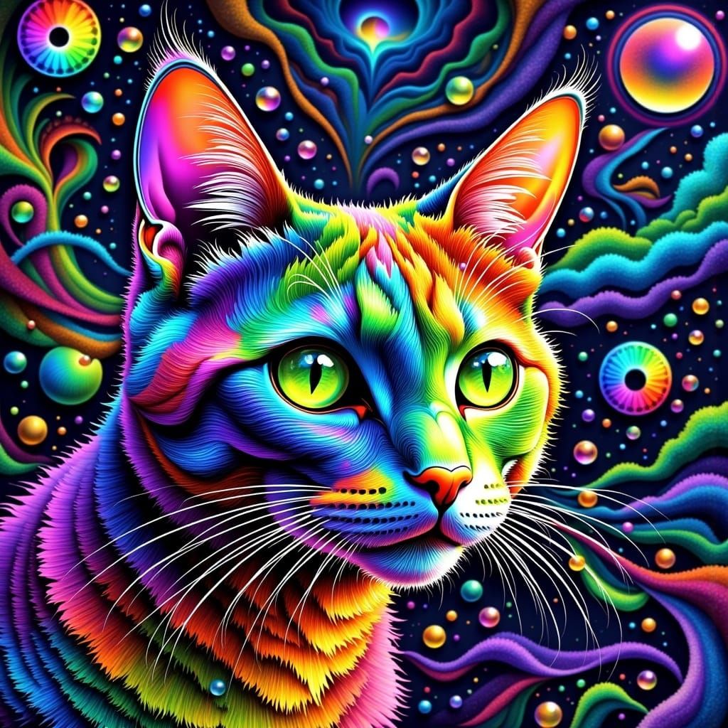 Psychedelic Cat Portrait in Rainbow Colors