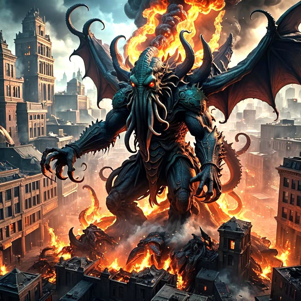 Hyperrealistic Cthulhu in Burning City Combat