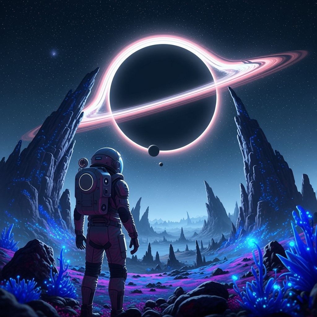 Astronaut Gazes at Black Hole on Alien Planet