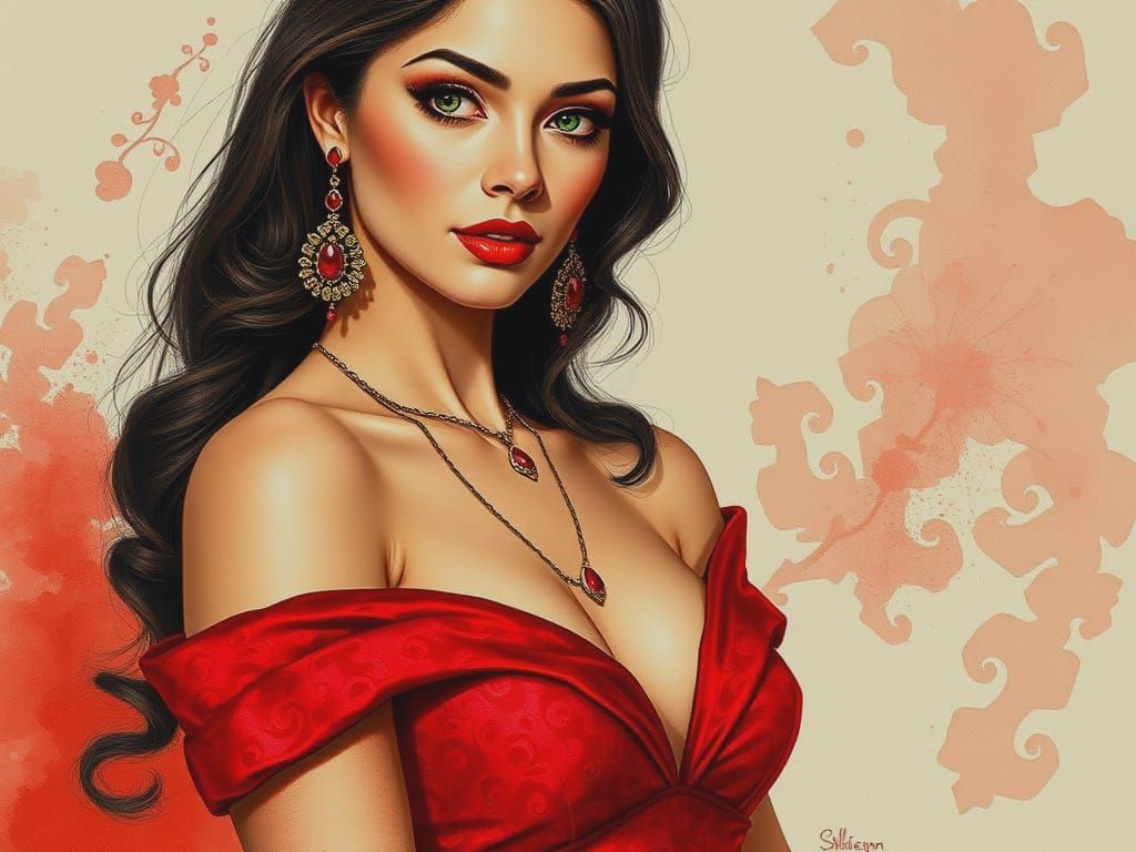 Elegant Red Brocade Gown in Golden Ratio Composition