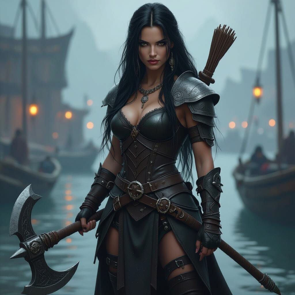 Female Tiefling Barbarian With GreatAxe In Dim Harbour