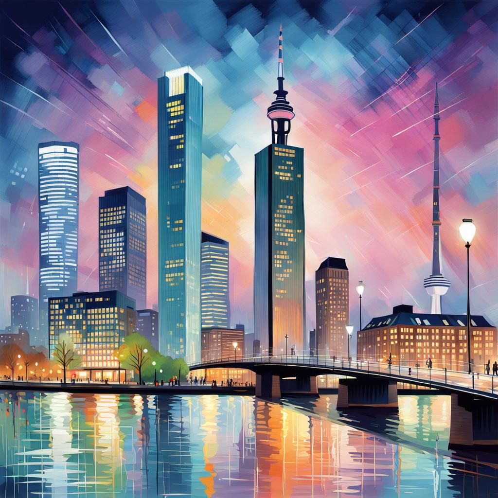 Rotterdam Night Cityscape in Impressionist Style