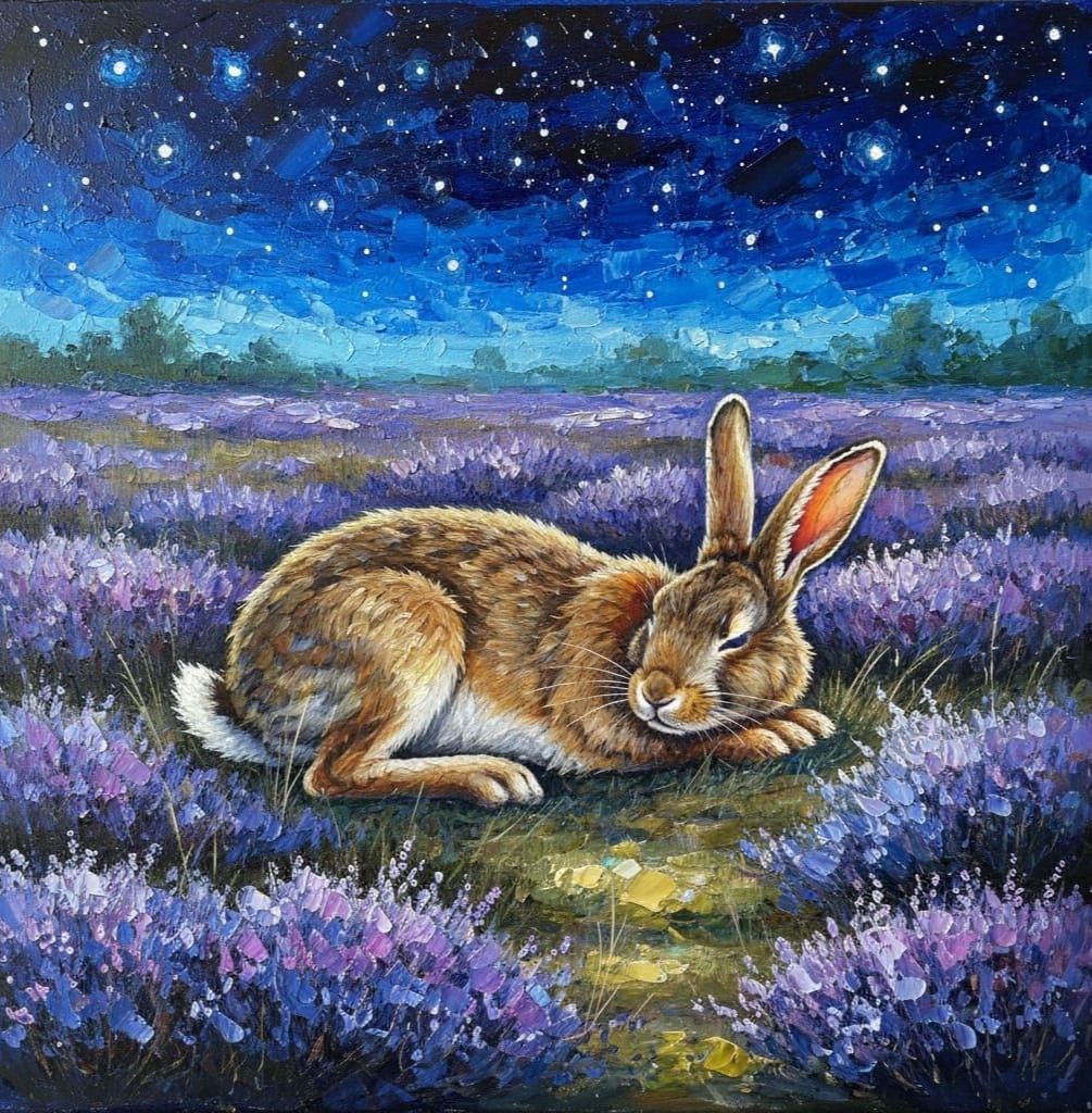 Rabbit Slumbering Under Starry Sky as Impasto Painting