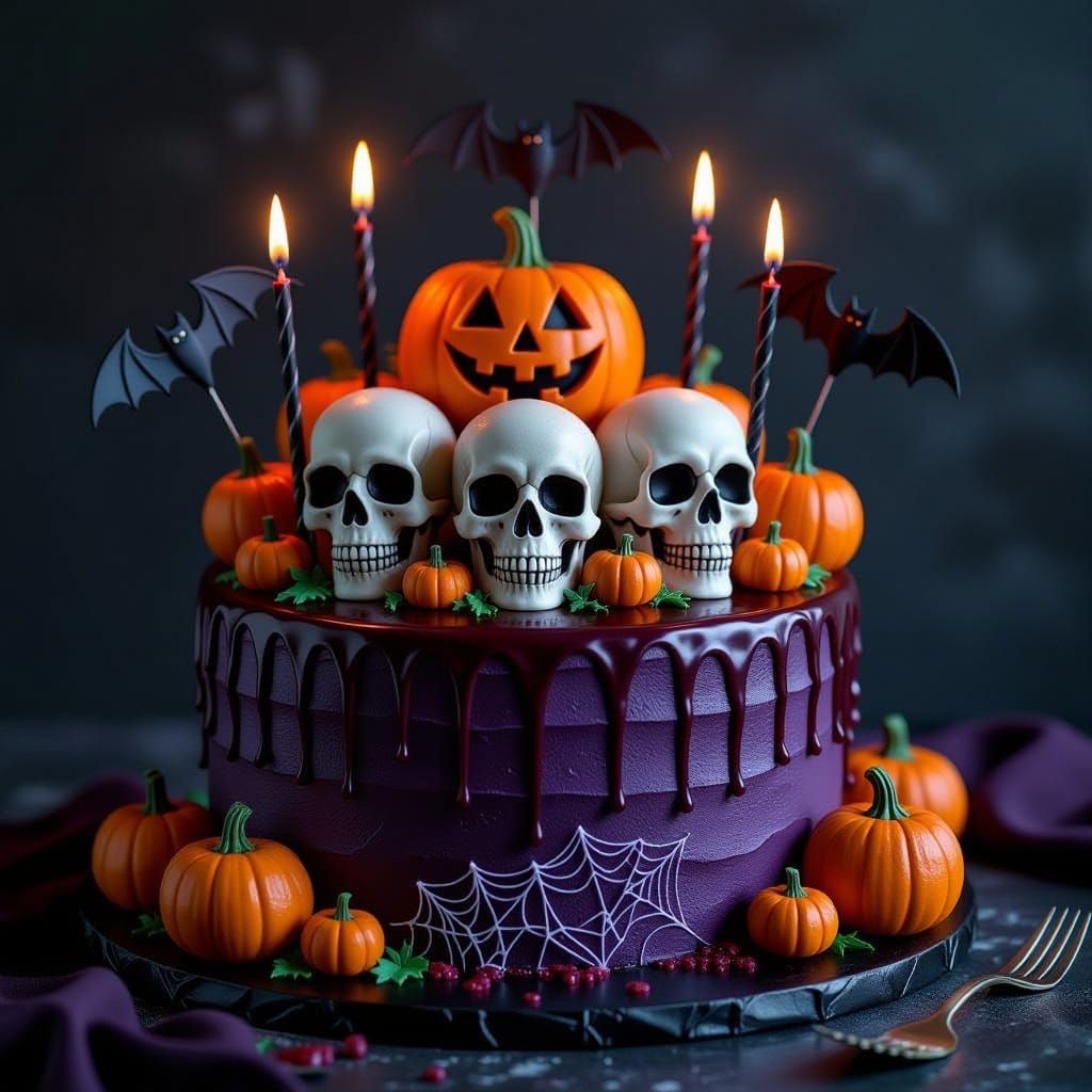 Spooky Halloween Cake with Skulls and Pumpkins