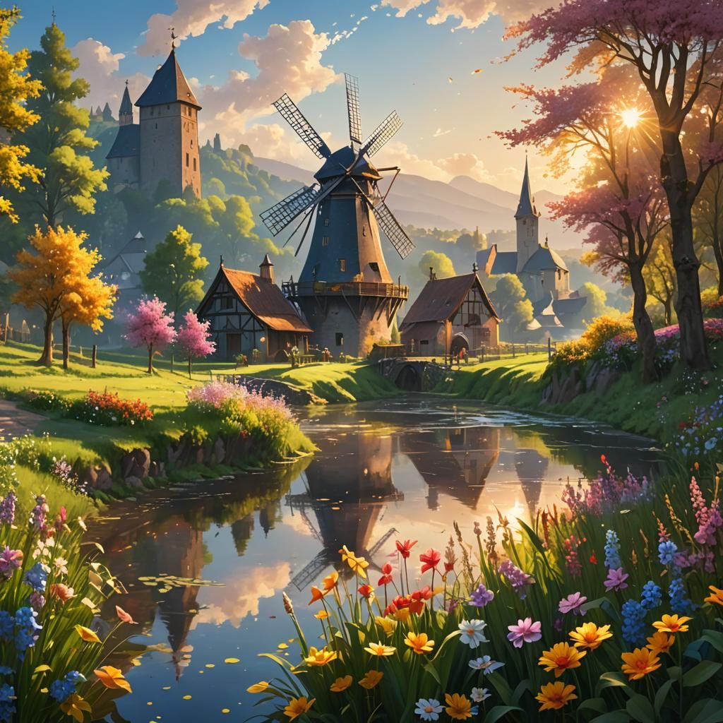 Medieval Windmill Scene in Anime Style