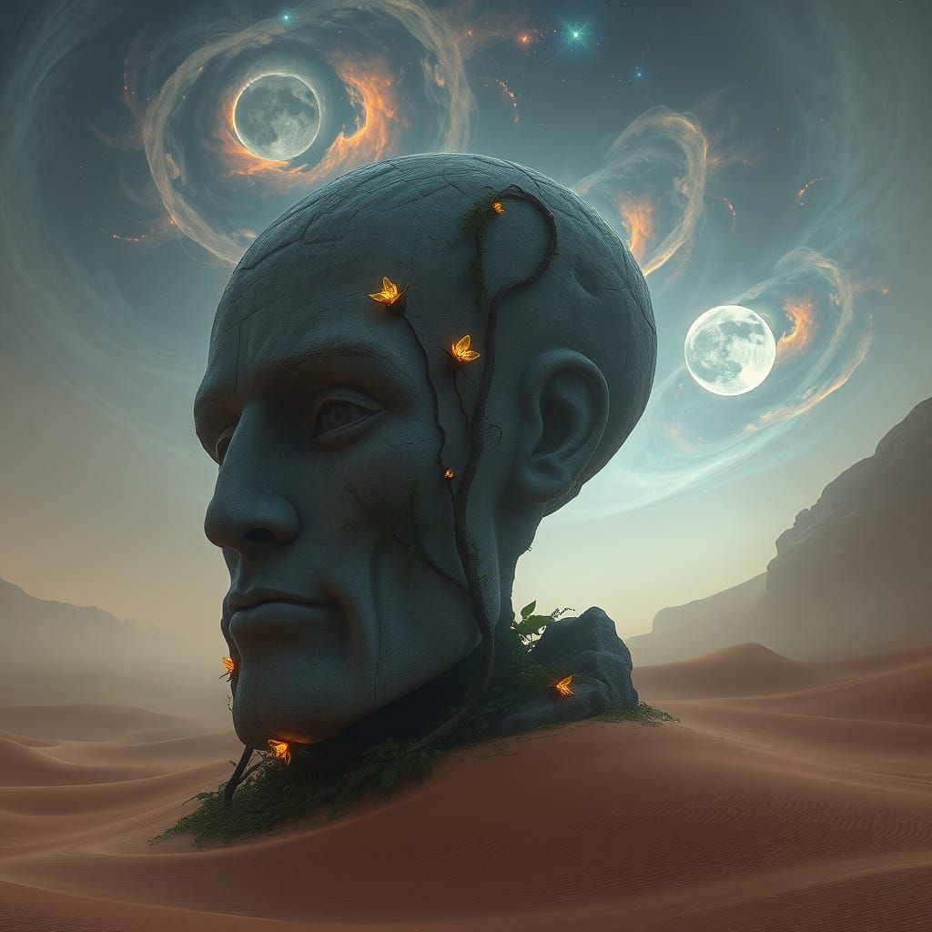 Ancient Stone Head in Desert Under Alien Sky