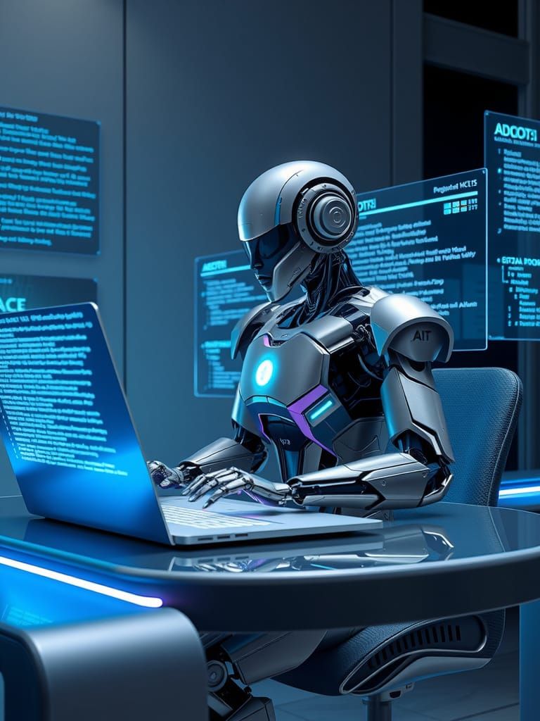 Futuristic AI Robot Working in Minimalist Office