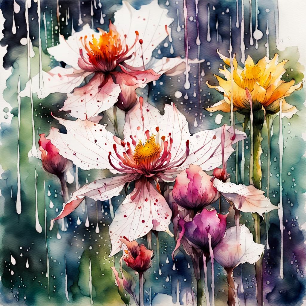 Botanical Garden Flowers in Spring Rain, Watercolor