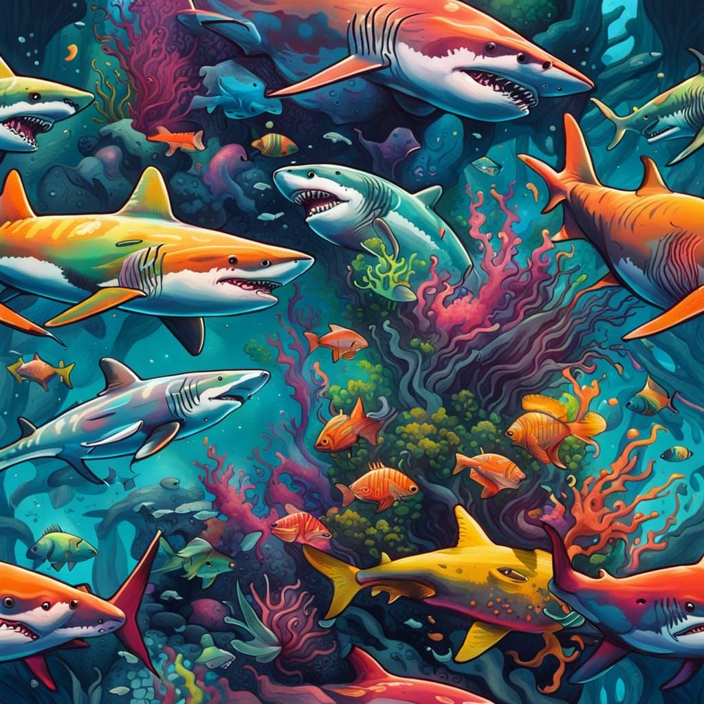 Vibrant Underwater Shark Scene in Graffiti Art Style