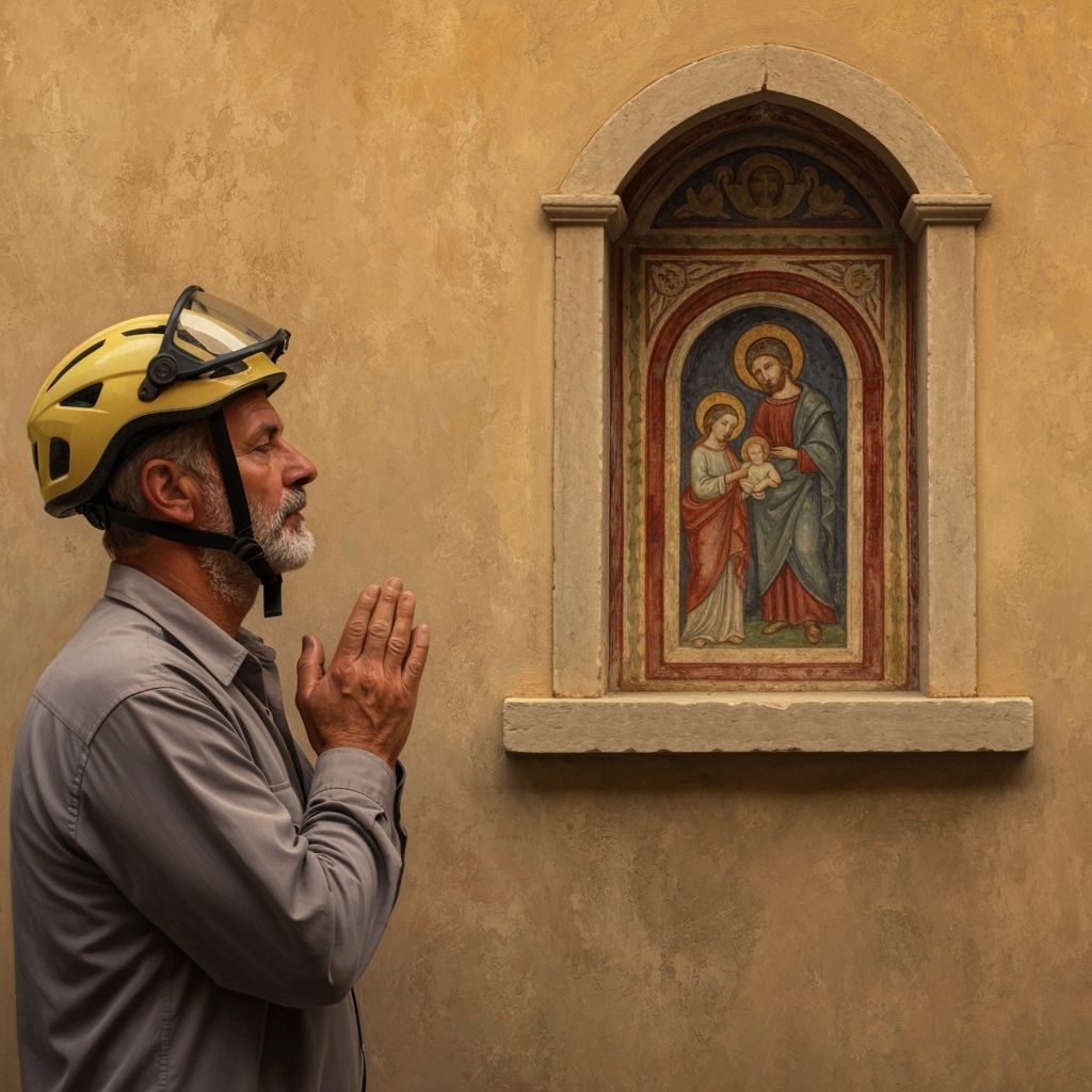 Italian Man Prays Before Ancient Fresco in Golden Hour Light