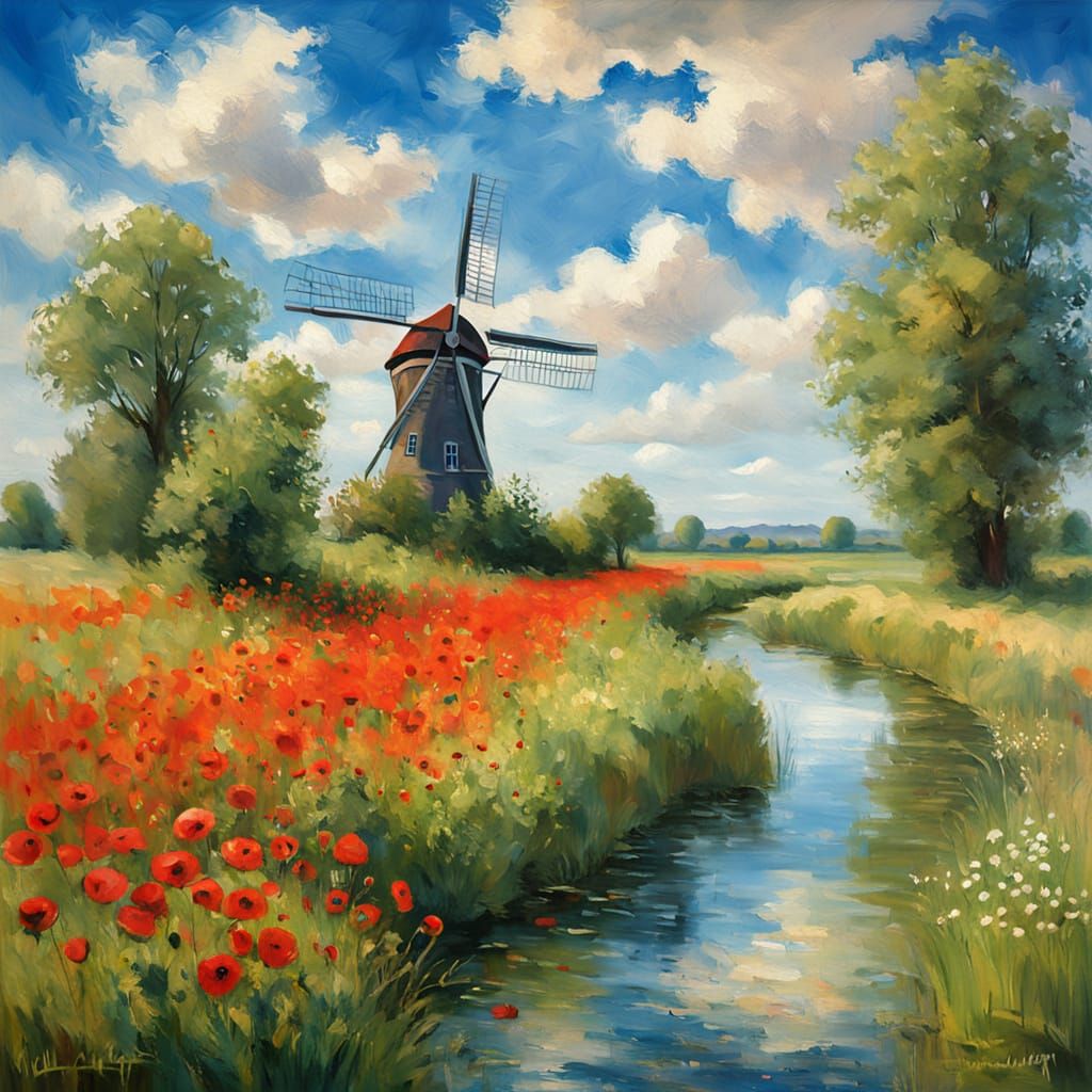 Dreamy Dutch Landscape with Windmill and Waterway