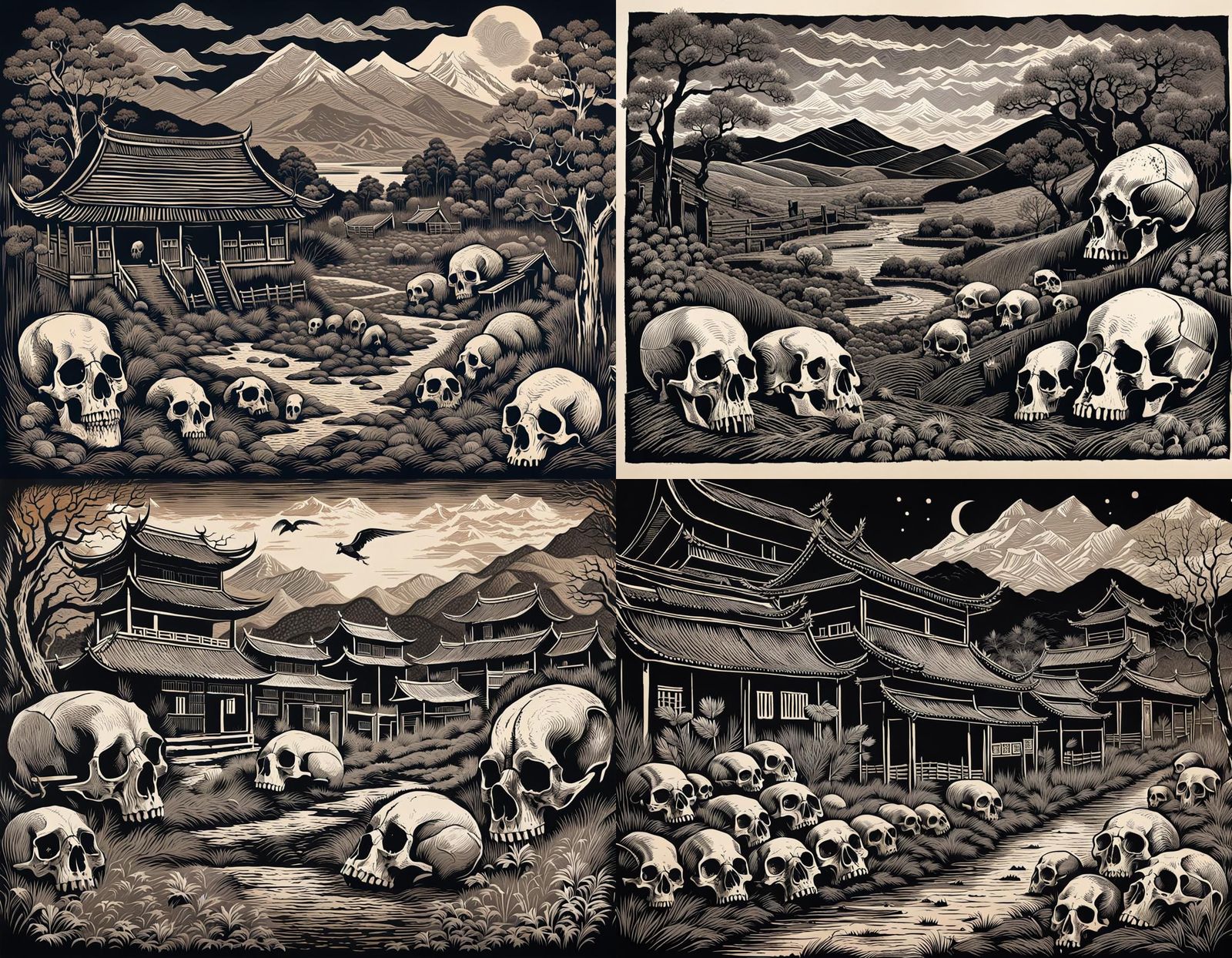 Horrific Chinese Village Scene as Vivid Linoprint