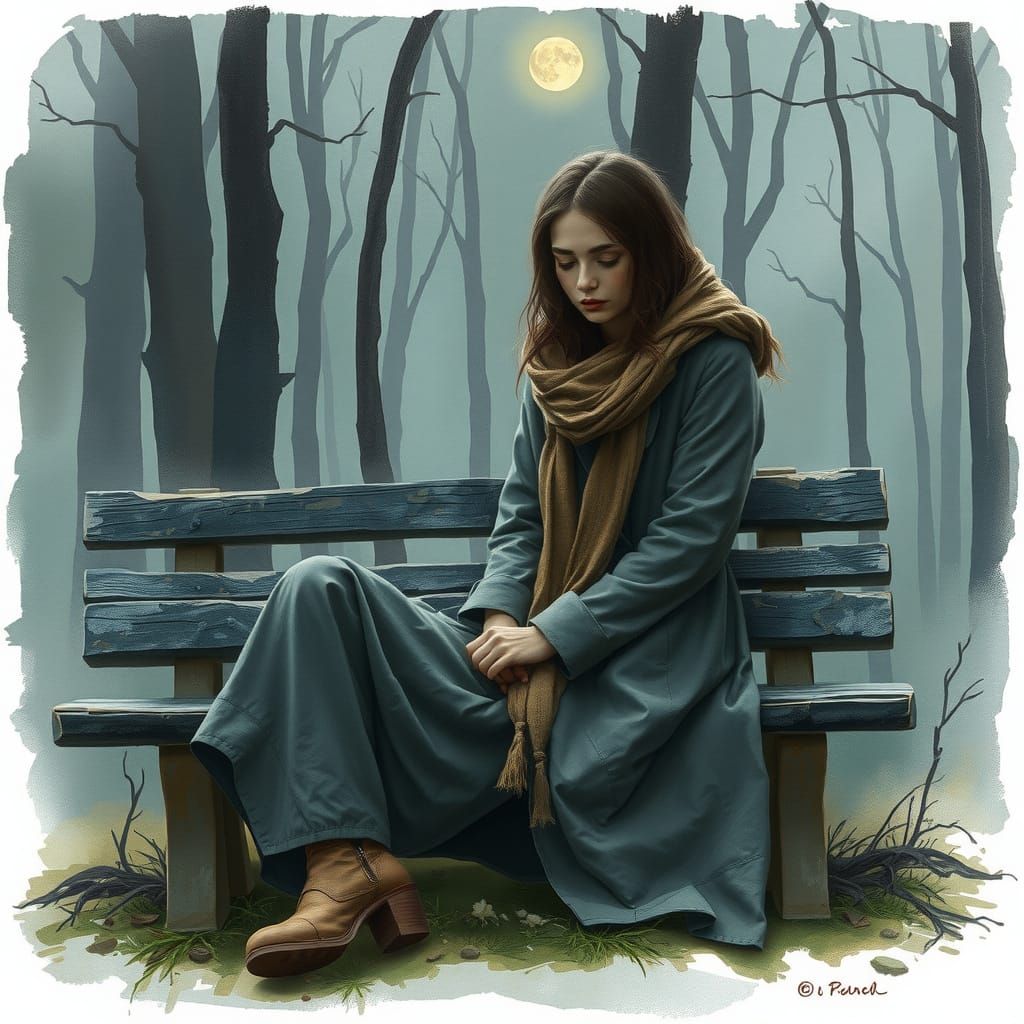 Melancholic Woman Finds Solace in Misty Moonlit Forest