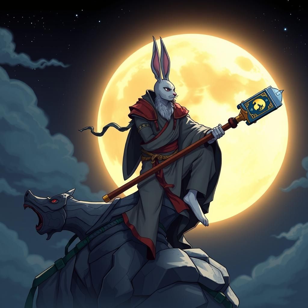 Rabbit Warrior Monk on the Moon in Anime Style