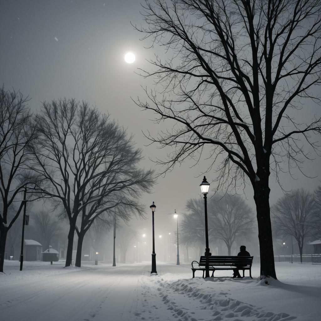 Silhouette on Snowy Street at Night