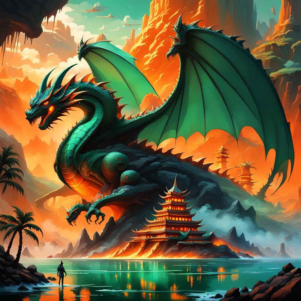 Jade Dragon Soaring Over Erupting Volcano