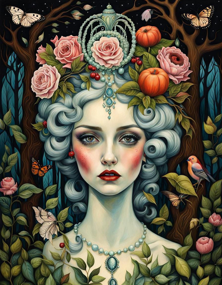 Baroque Ice Queen Vampire Portrait in Gouache Ink