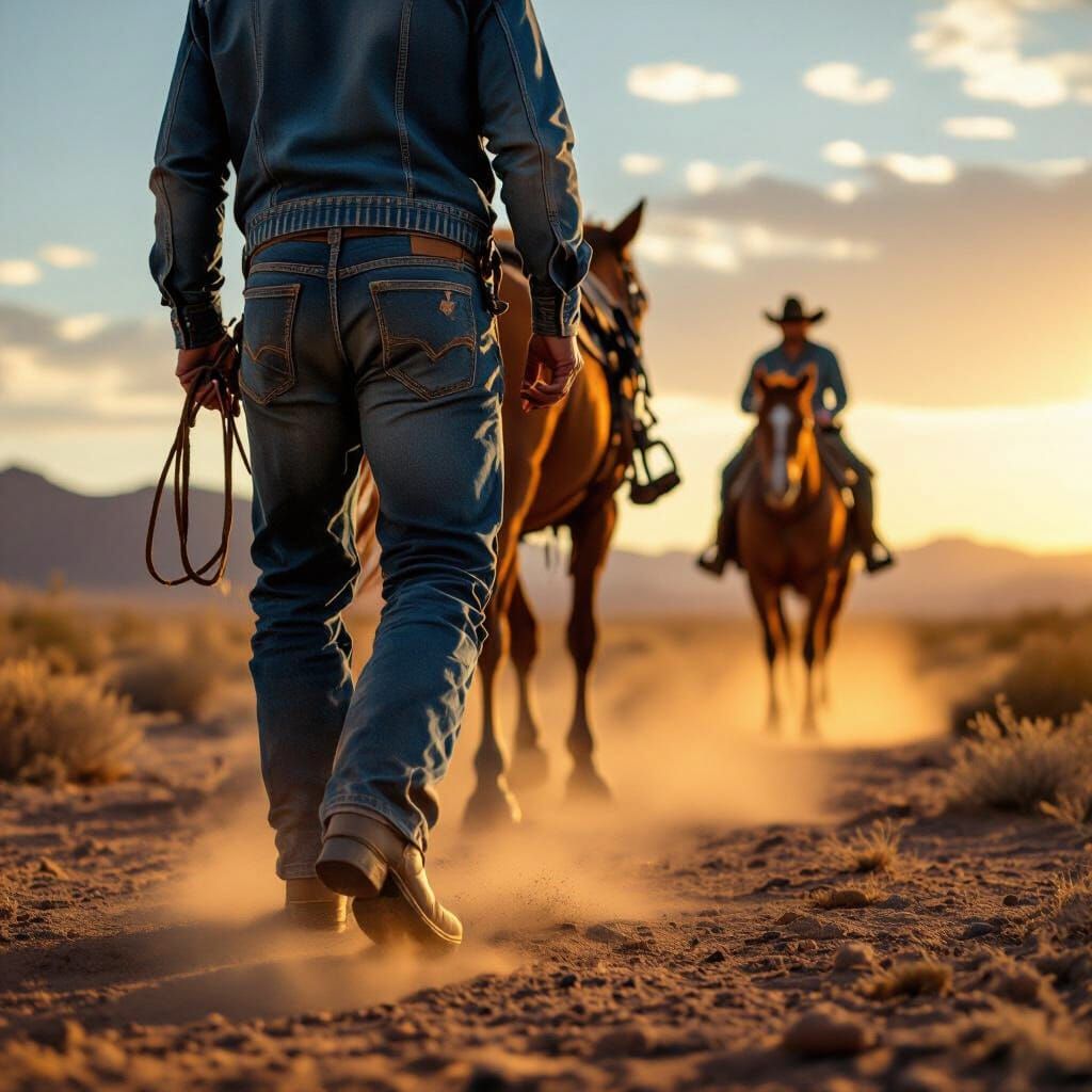 Cowboy Walks Towards Horse in Dusty Sunset