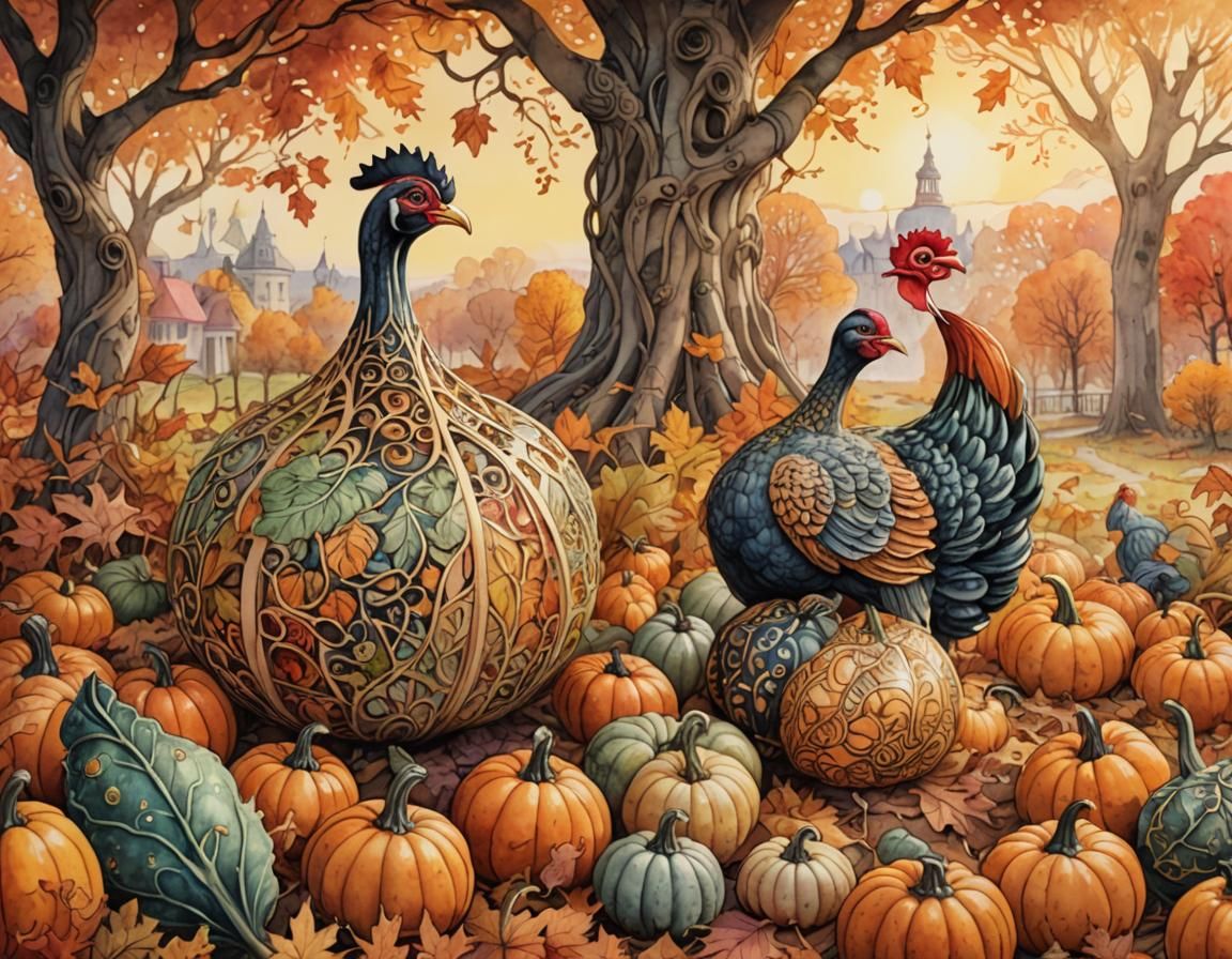 Ornate Gourd in Surreal Autumn Watercolor Fantasy