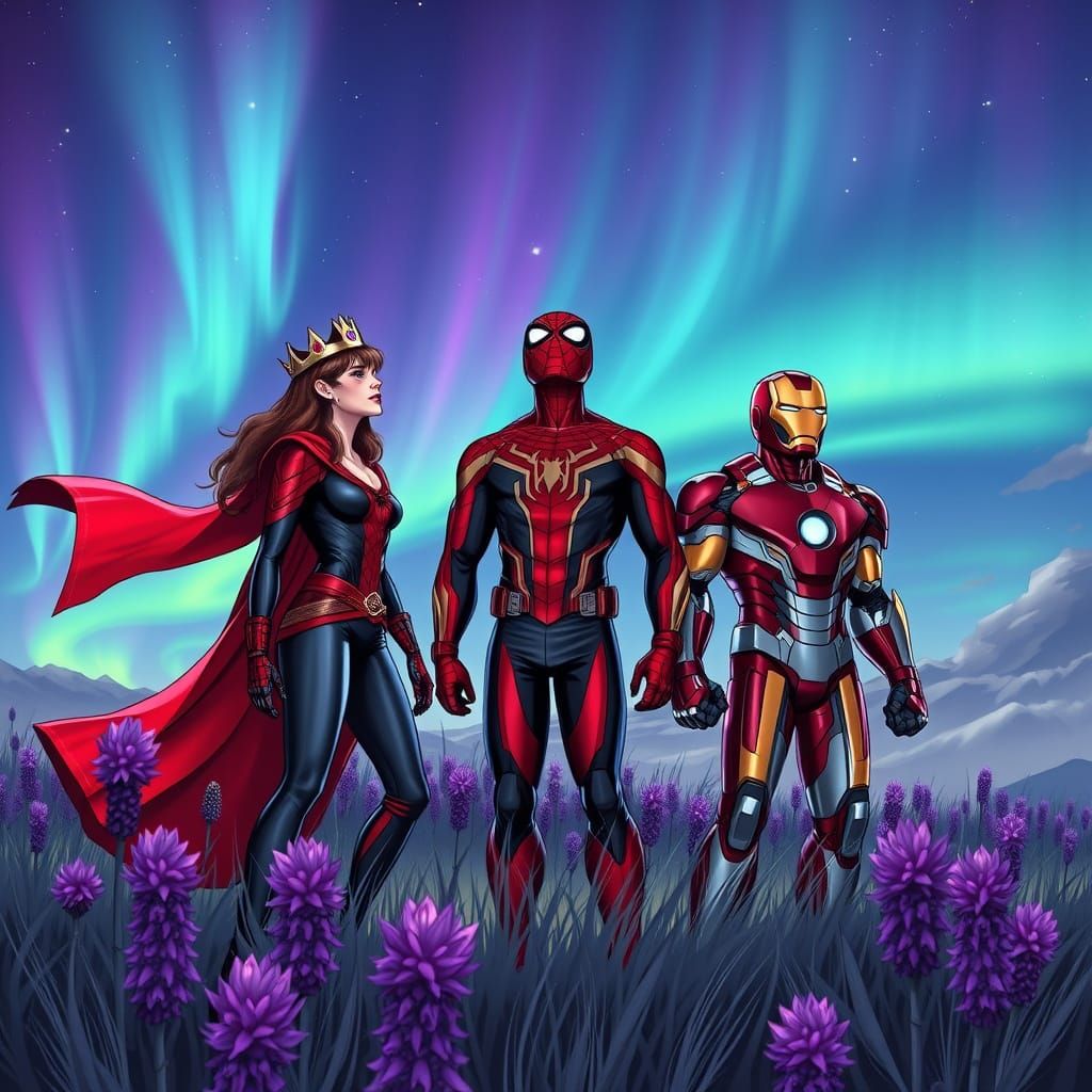 Scarlet Witch, Spider-Man and Iron Man Under Aurora