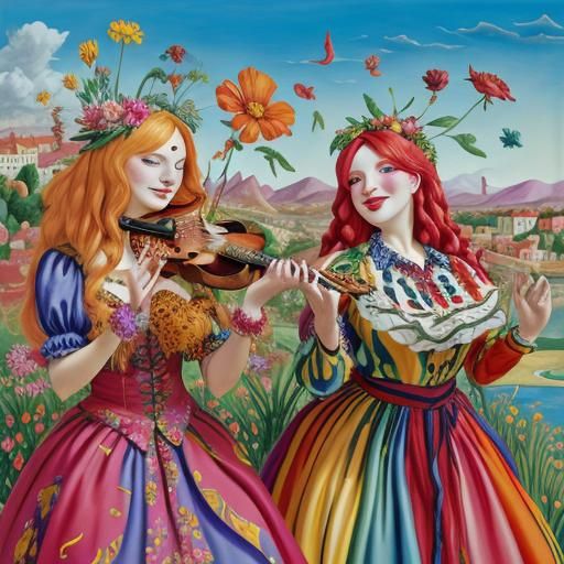 Extravagant Characters Playing Music in Dreamlike Landscape