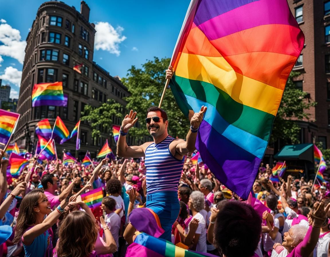 Freddy Mercury Waving Bi-Pride Flag at Stonewall