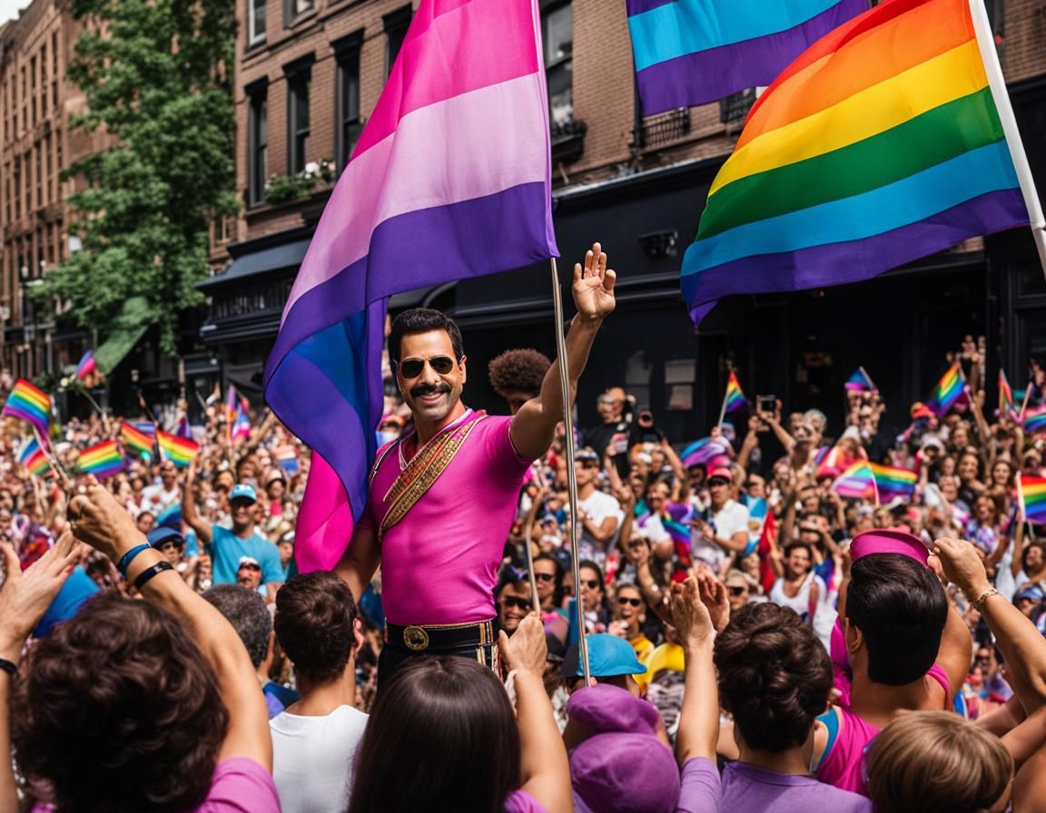 Freddy Mercury Waving Bi-Pride Flag at Parade