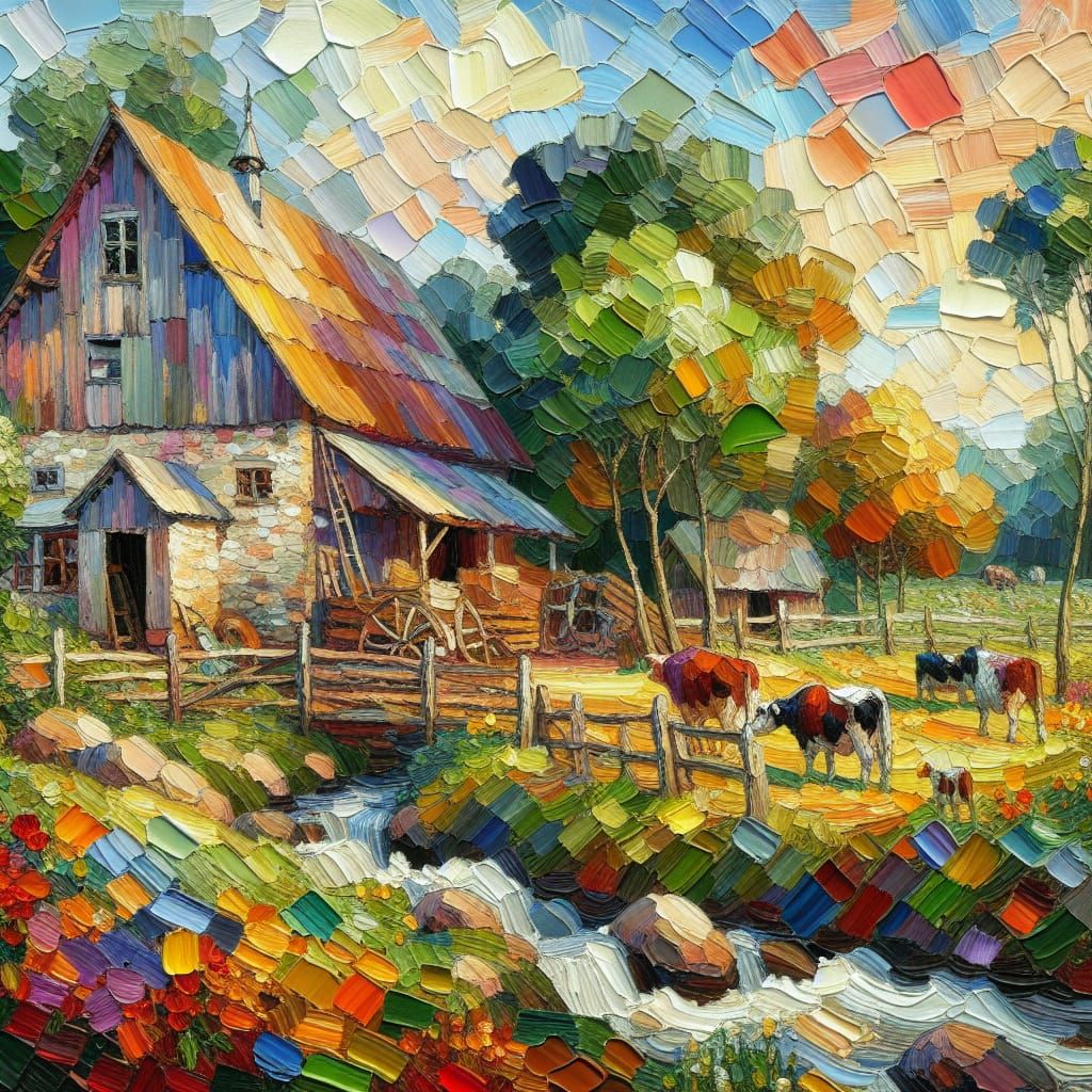 Rustic Farm in Neo-Impressionistic Impasto Style