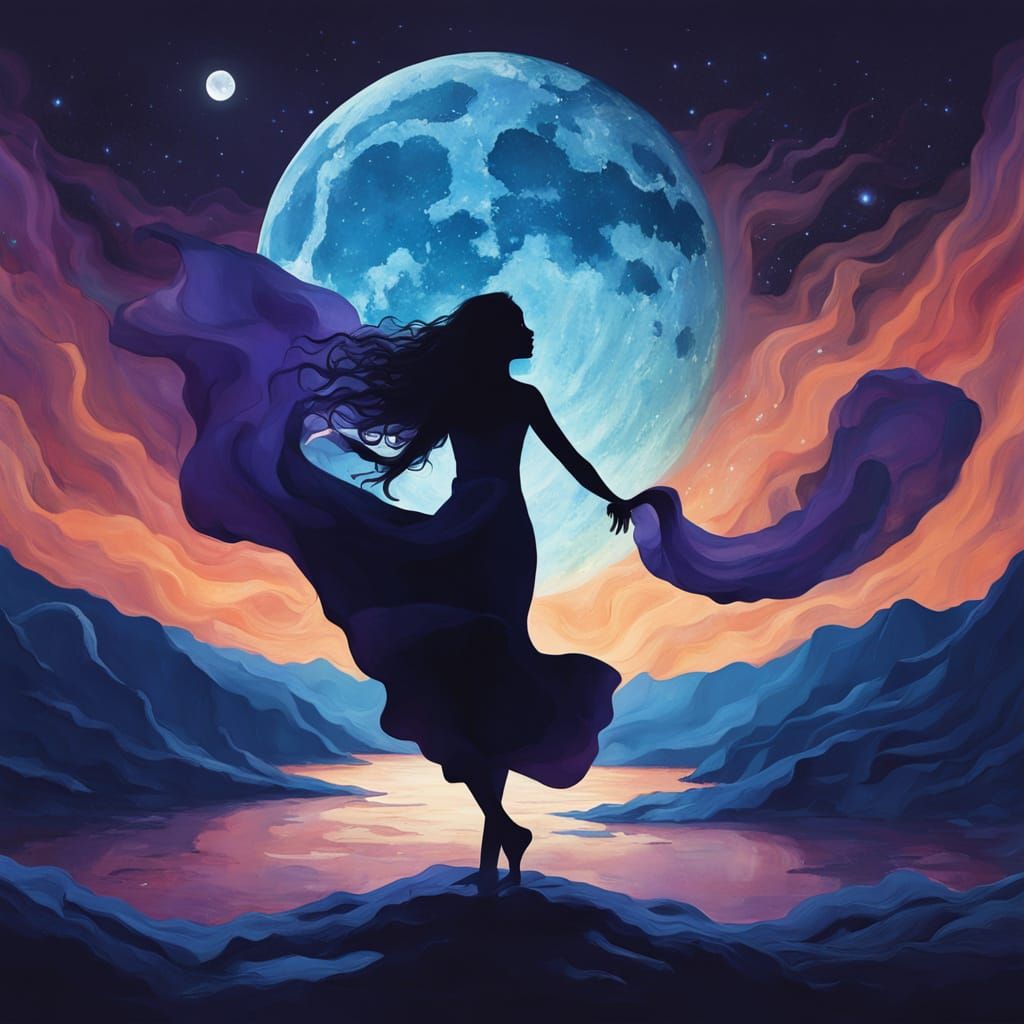 Woman Dancing Under Blue Moon in Surreal Oil Painting Style