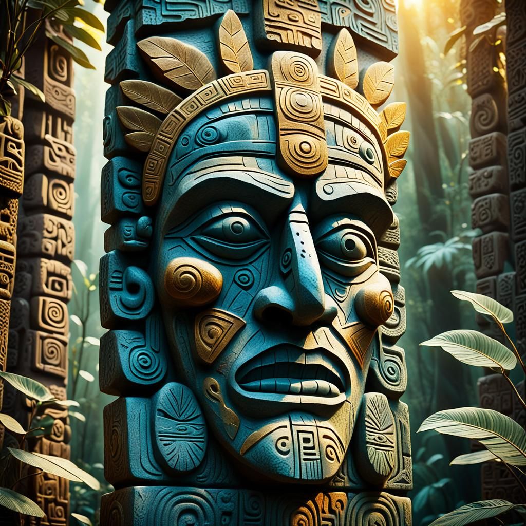 Aztec Warrior Totem Carving in Mesoamerican Style