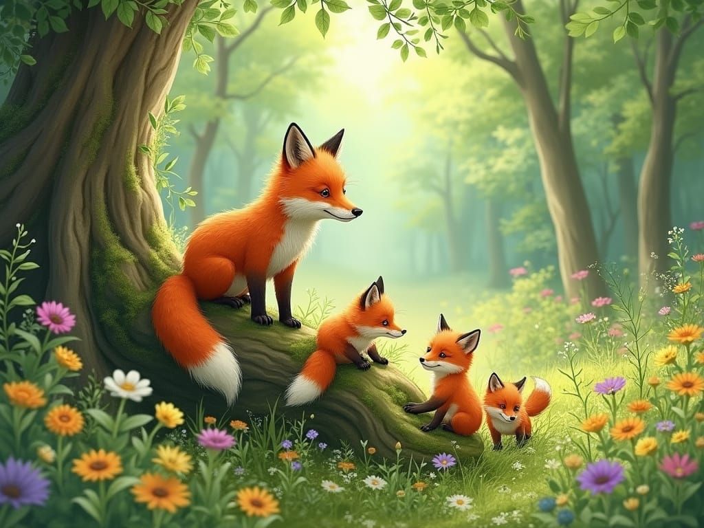 Whimsical Fox Family Amidst Vibrant Wildflowers