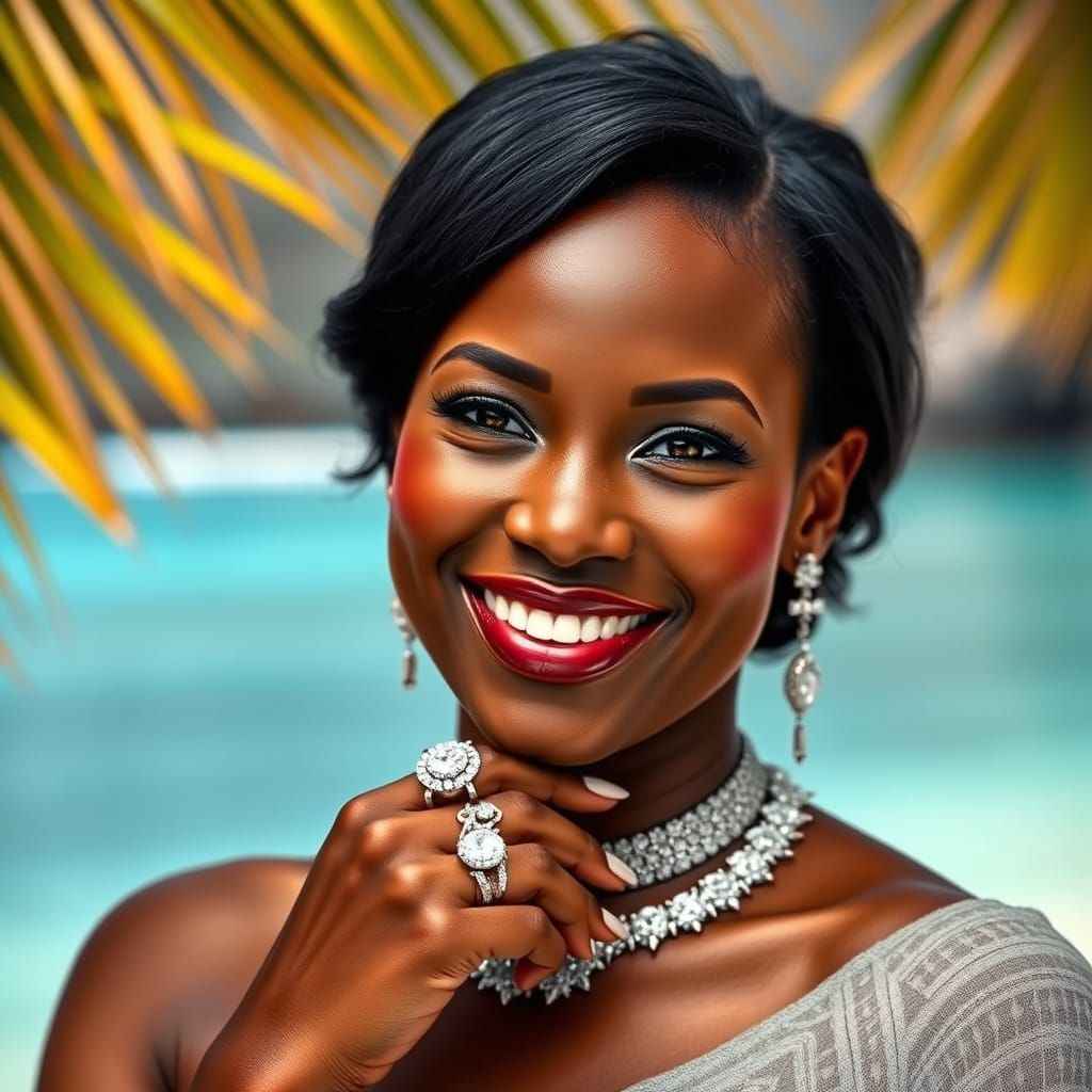 Luxurious Dark-Skinned Beauty in Vibrant Cartier-Inspired Je...