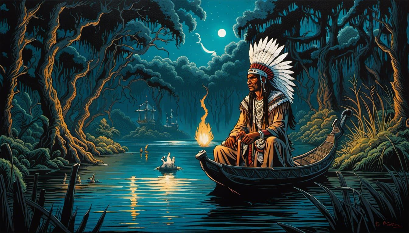 Shaman Confronts Necromancer in Surreal Bayou Fantasy