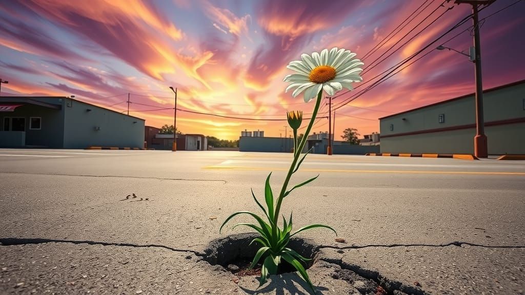 Vibrant Urban Daisy Blooms in Abandoned City