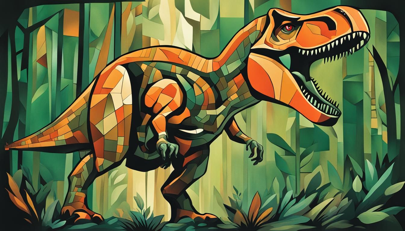 Cubist T-Rex Roaring in Emerald Forest