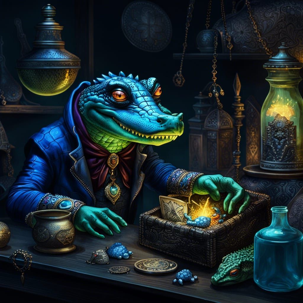 Humanoid Crocodile Sells Magic Items at Black Market