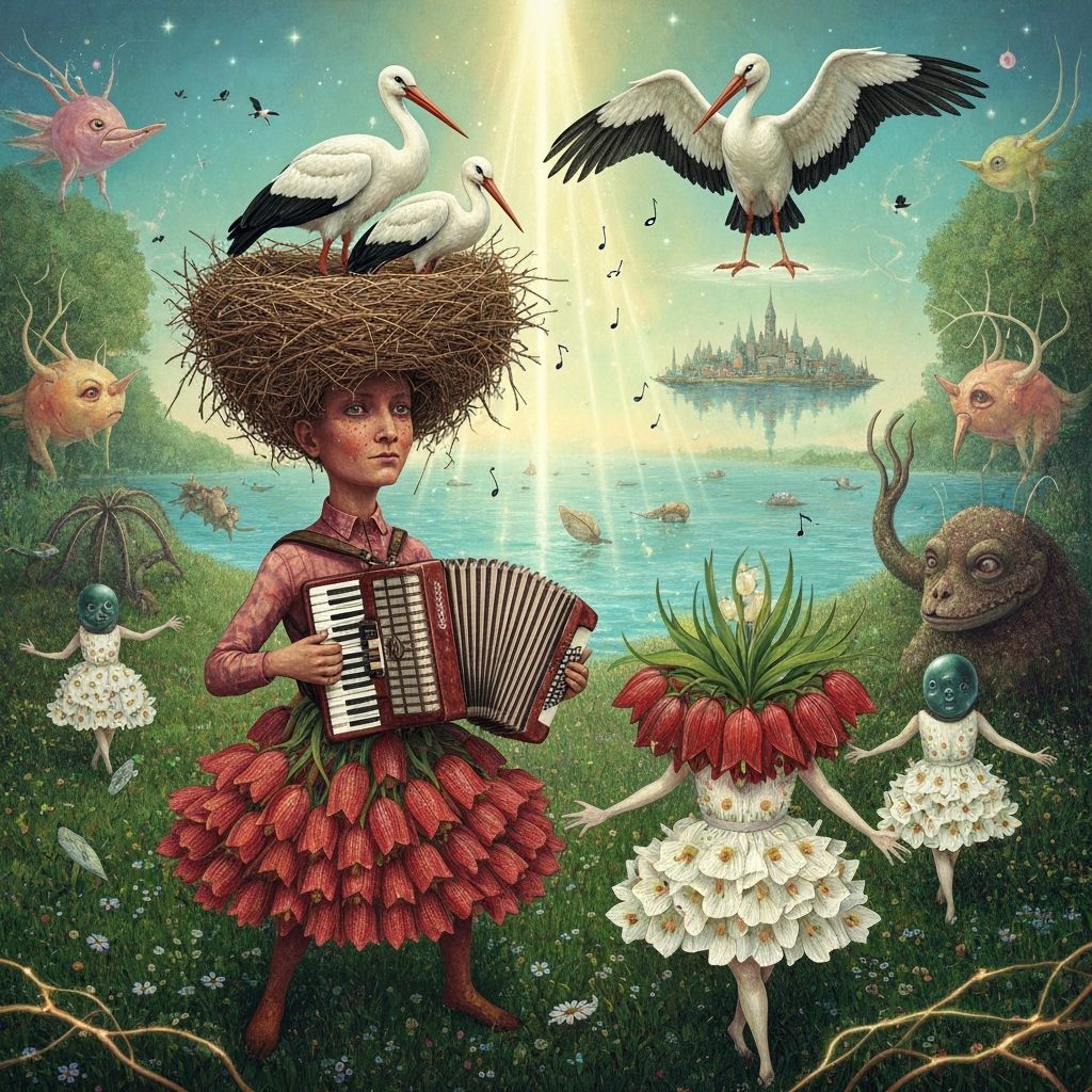 Accordionist's Surreal Utopia with Dancing Space Creatures