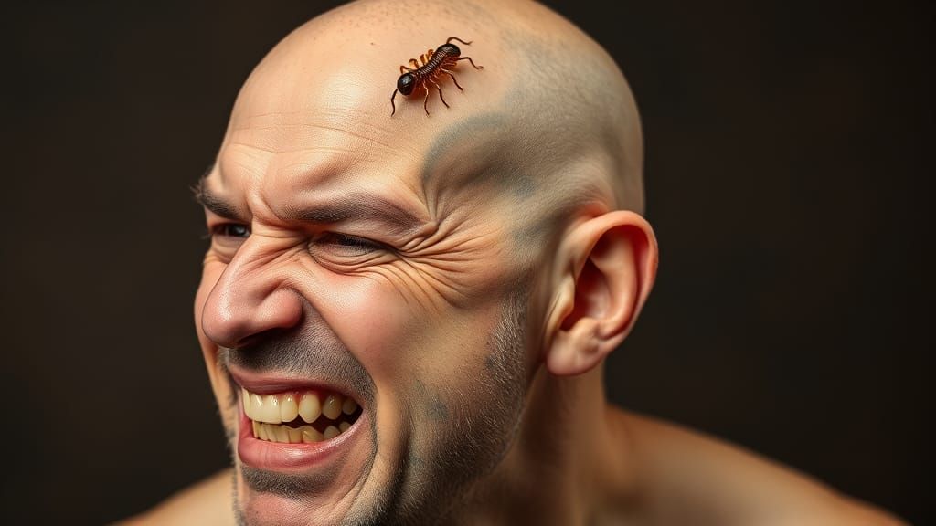 Grimacing Bald Man with Centipede