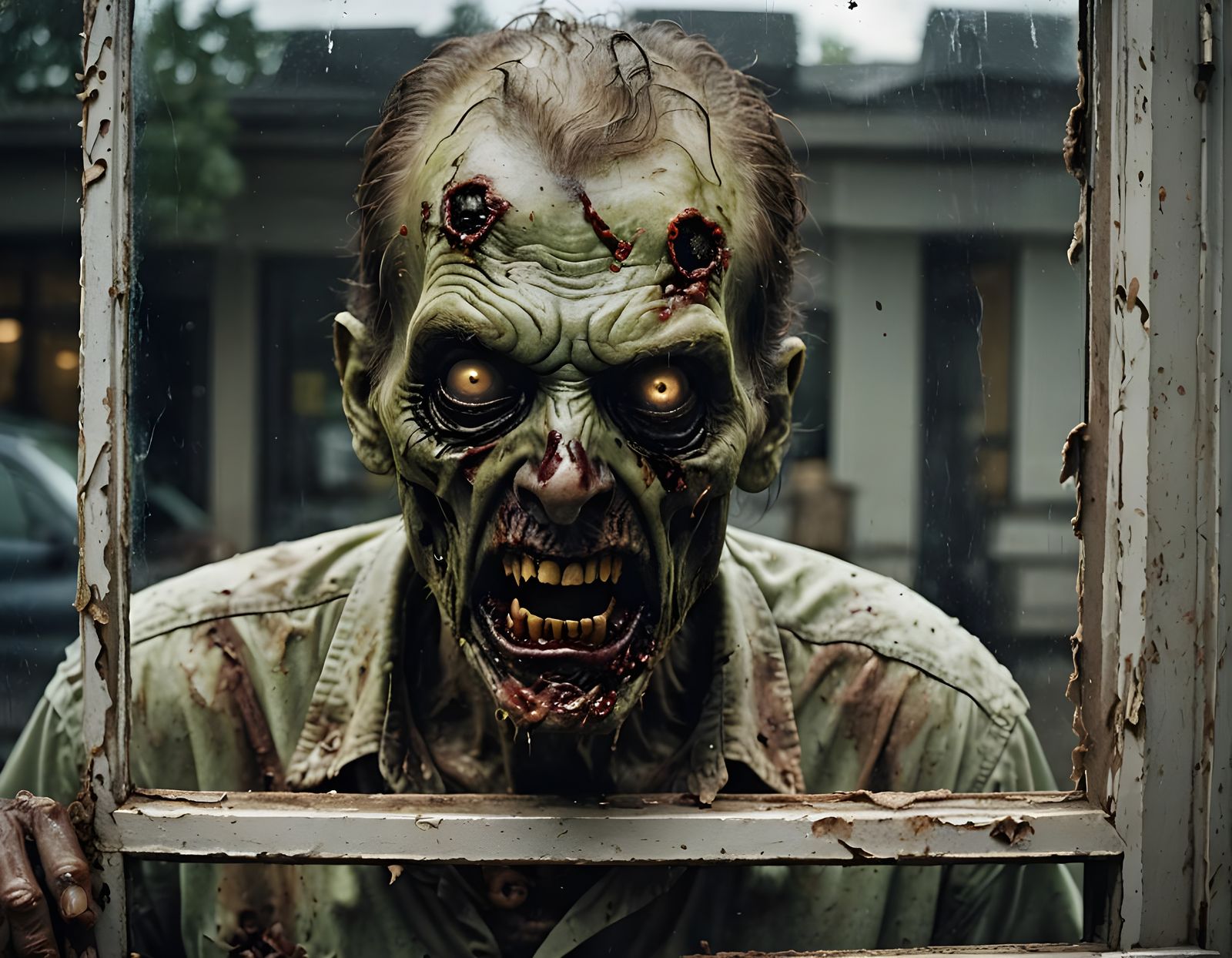 Hungry Zombie Behind a Grubby Window