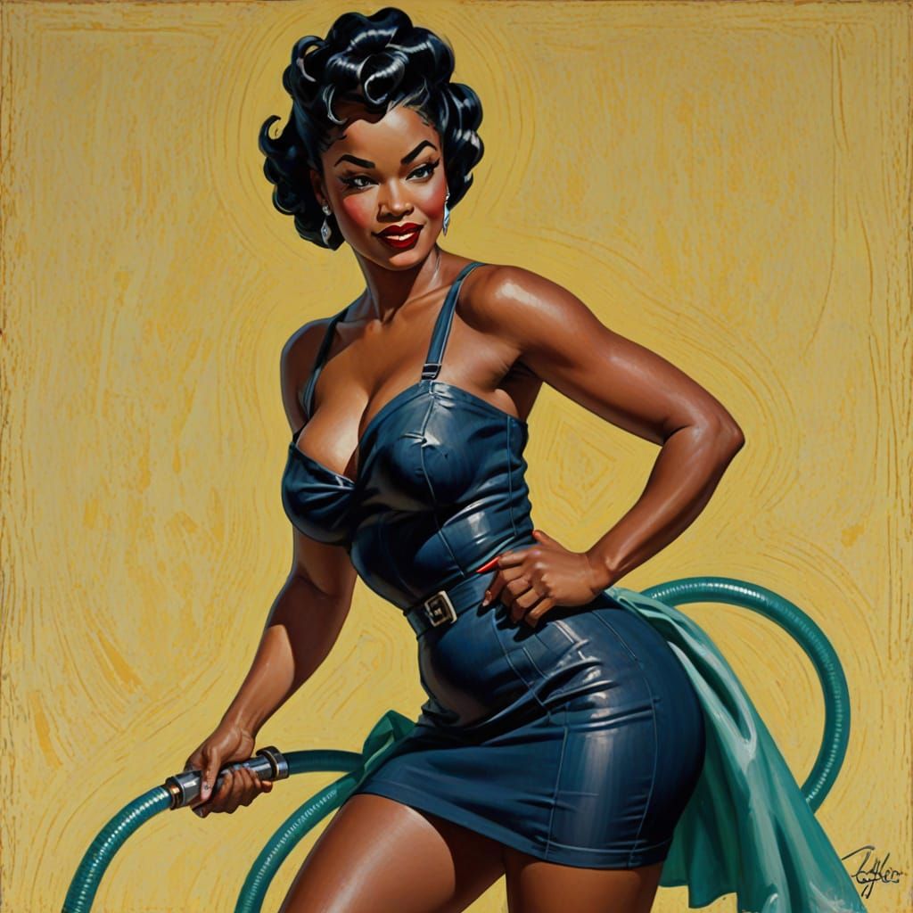 Vintage Ebony Pinup Girl with Hose in Neo-Impressionist Styl...