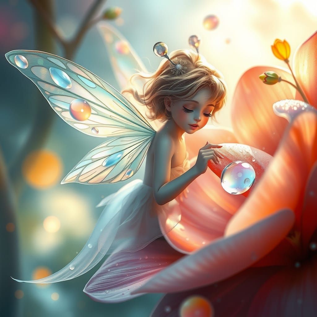Fairy catches a raindrop